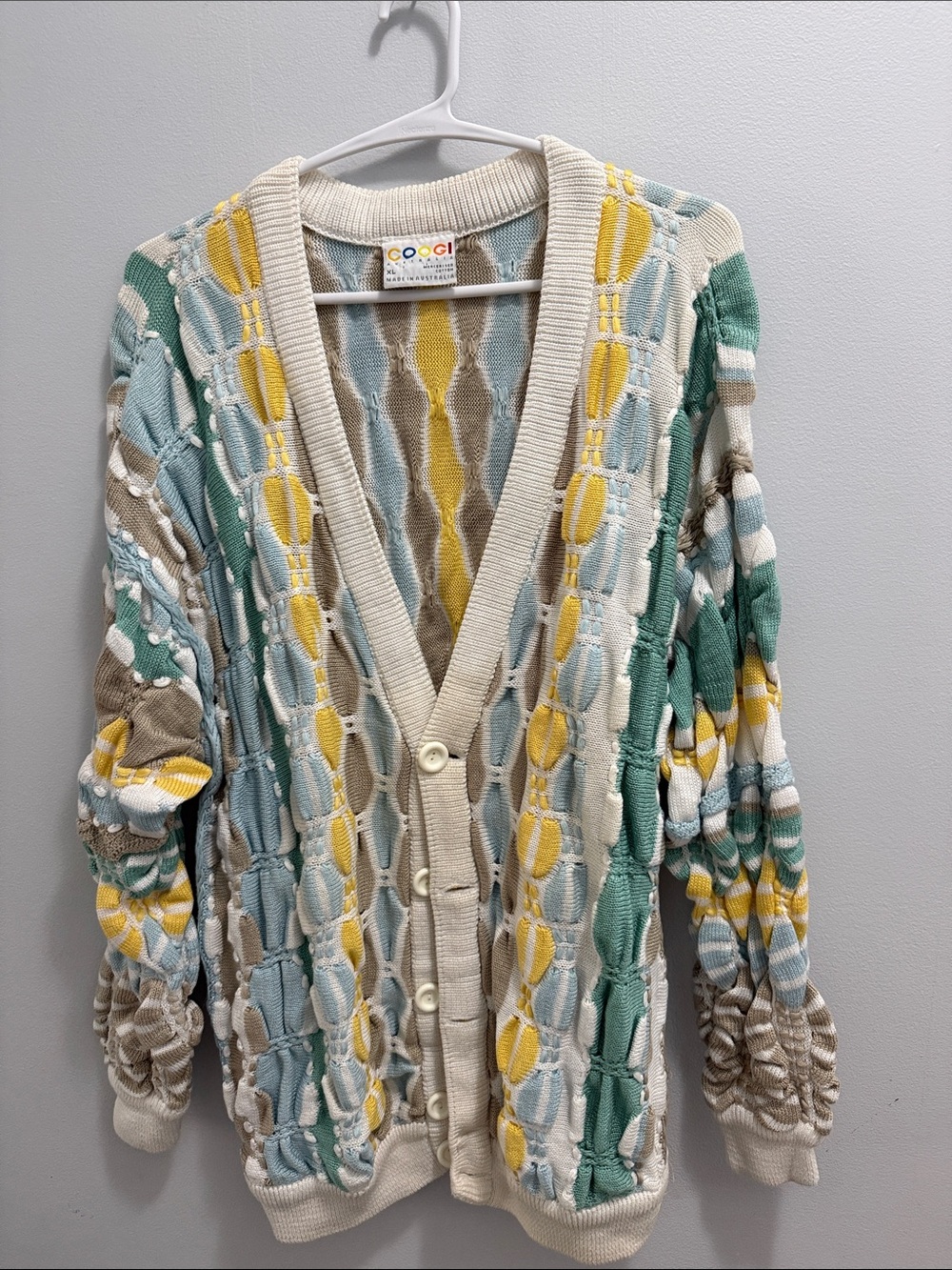 COOGI Cream, Yellow & Teal Open-Knit Button Cardigan